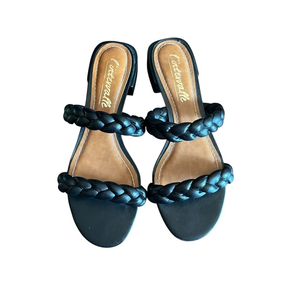 L’Intervalle Braided Leather Slide Sandal Black US 8 Double Strap Low Block Heel